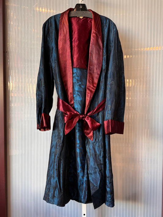 1960s Dark Teal Blue & Burgundy Satin Smoking Robe