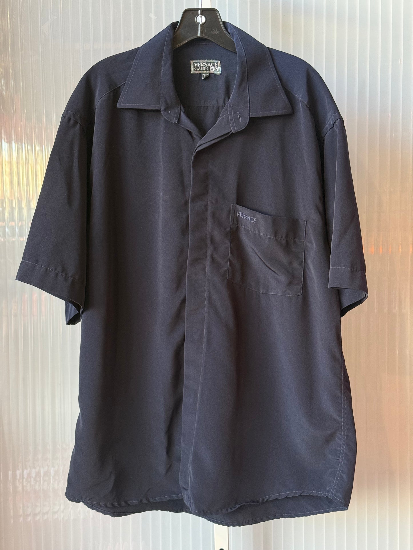 2000s Navy Versace Short Sleeve Button-Up Shirt