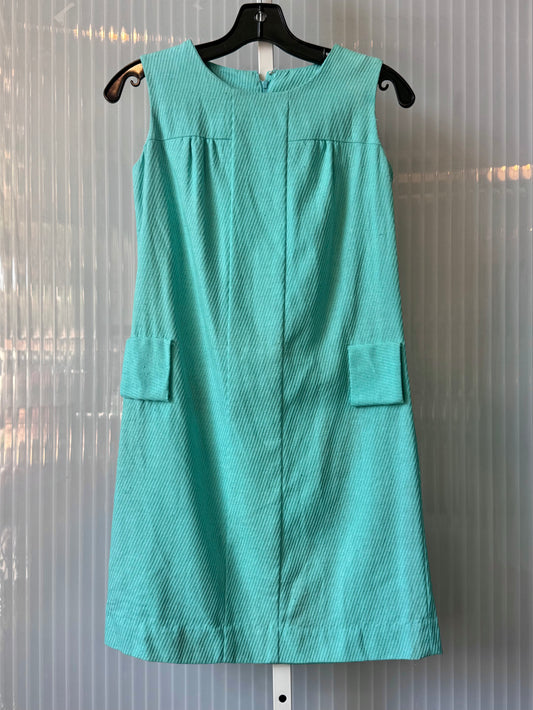 1960s Teal Blue Textured Drop-waist Shift Dress