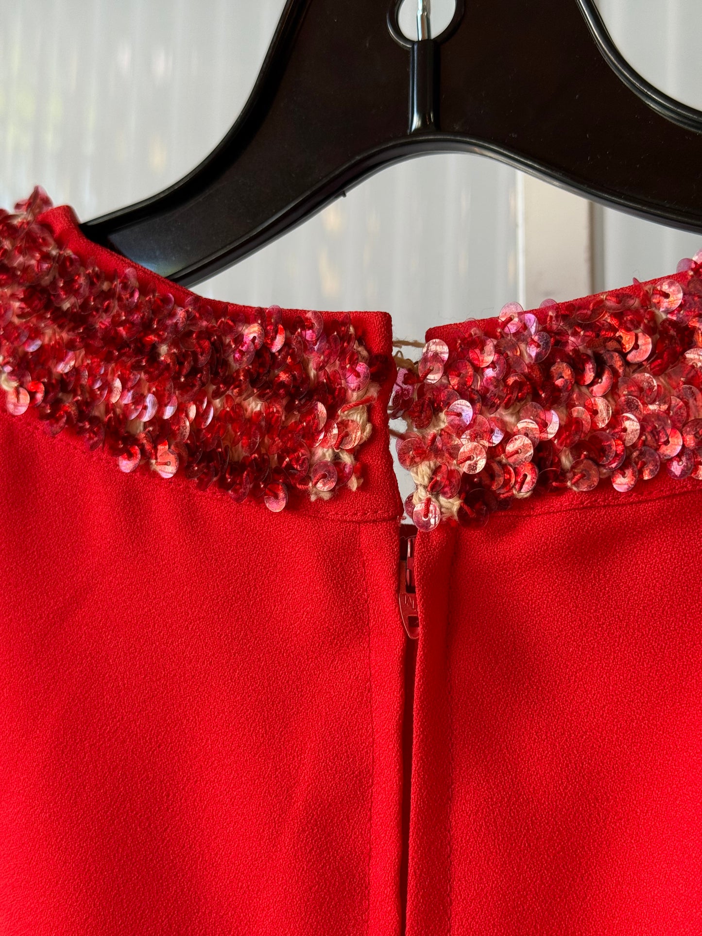 1970s Red Sheer-Sleeve Gown with Sequin Collar & Cuff