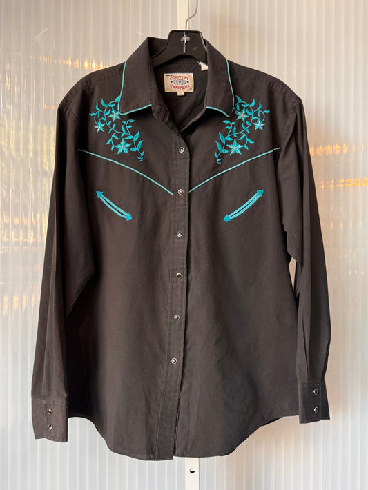 Late 1990s Teal Floral Embroidered Black Western Snap Shirt