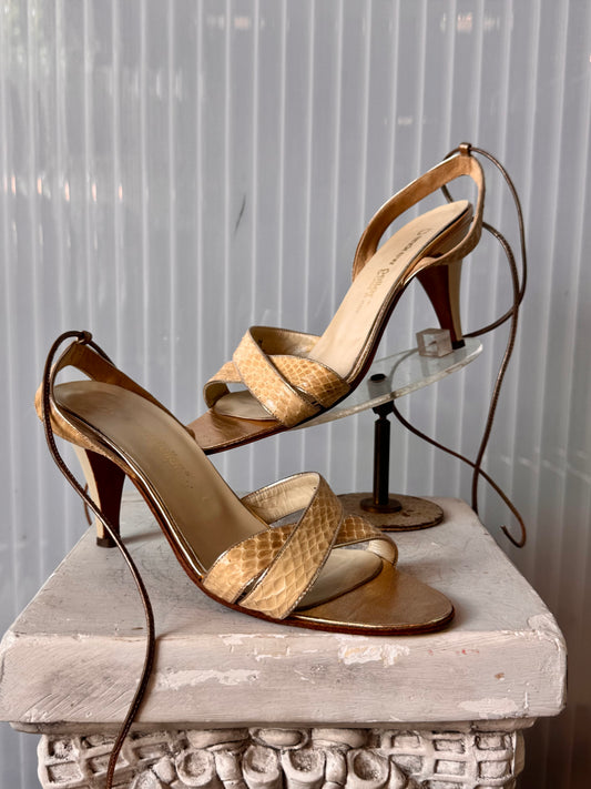1990s / Y2K Cream Snakeskin Strappy Heels