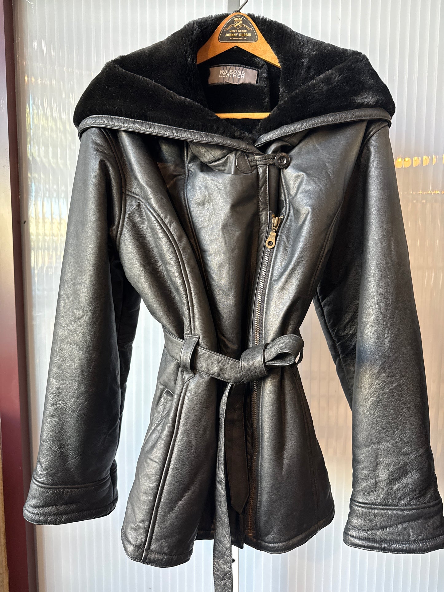 1990s Black Wilson’s Leather Zip-Up Jacket with Hood and Faux Fur Lining