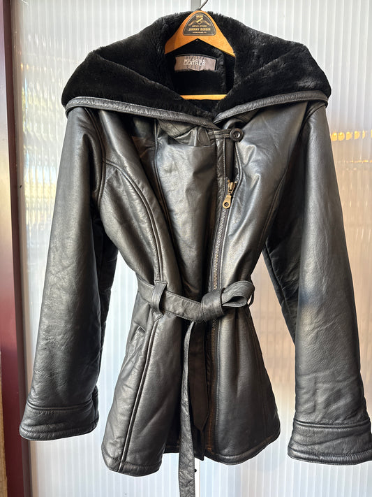 1990s Black Wilson’s Leather Zip-Up Jacket with Hood and Faux Fur Lining