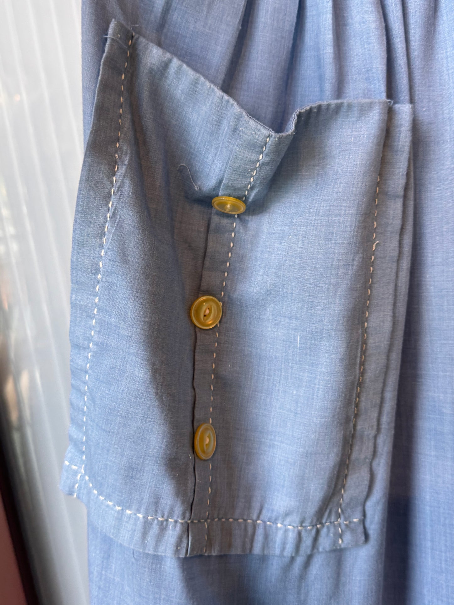 1950s Chambray Blue Button-Up Shirtwaist Apron Dress