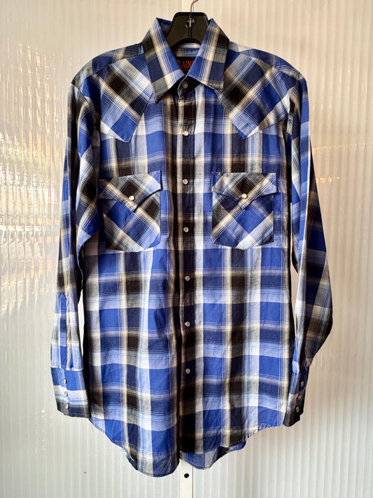 1990s Blue & Black Plaid Western Shirt