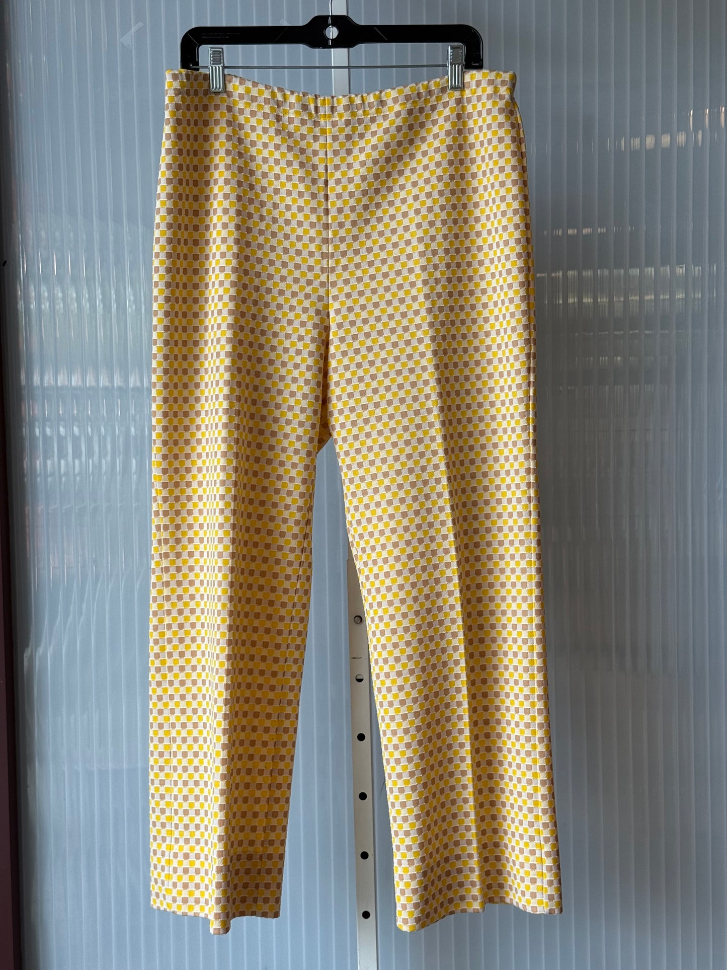 1960s Polyester Yellow, Cream, & Brown Checker Print Pants