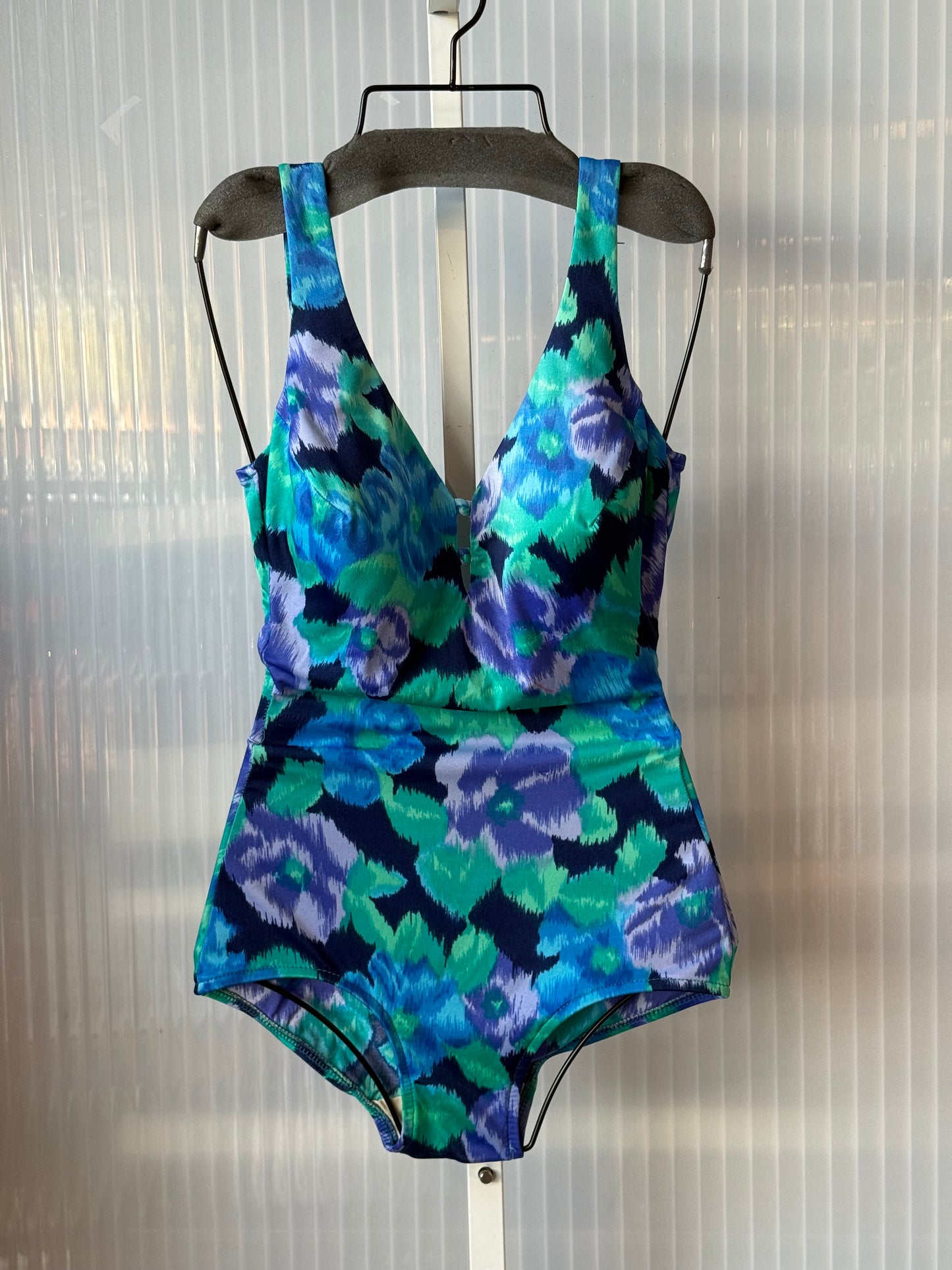 1970s Blue & Green Floral One-Piece Swimsuit