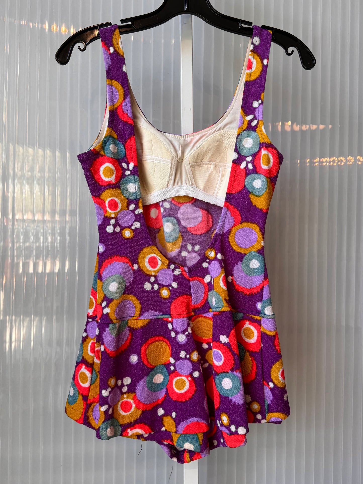 1960s Purple Mod PolyKnit One-Piece Peplum Swimsuit
