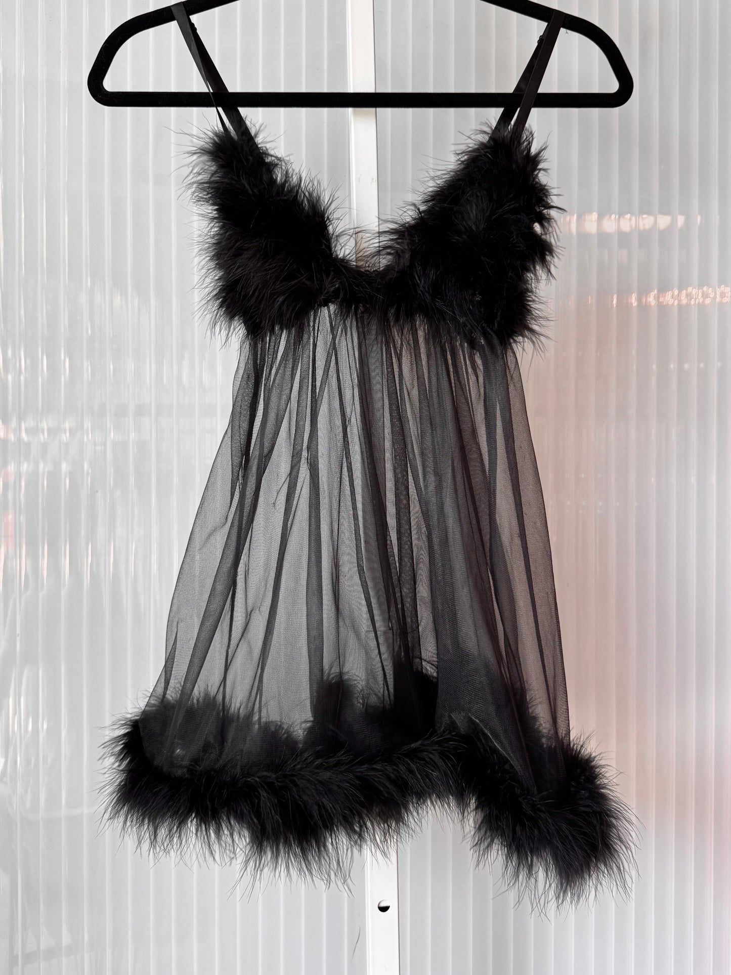 Y2K Fredericks of Hollywood Black Sheer Feather Trim Lingerie