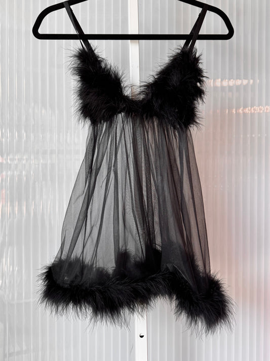 Y2K Fredericks of Hollywood Black Sheer Feather Trim Lingerie
