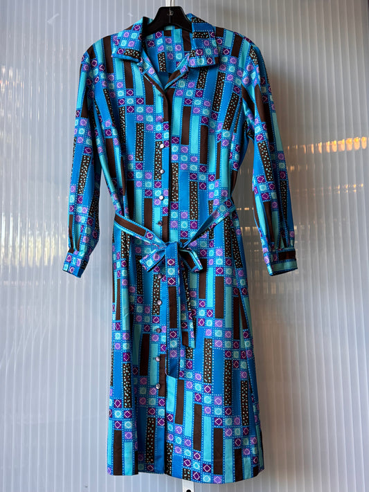 1970s Blue & Brown Button-Up Long-Sleeve Dress