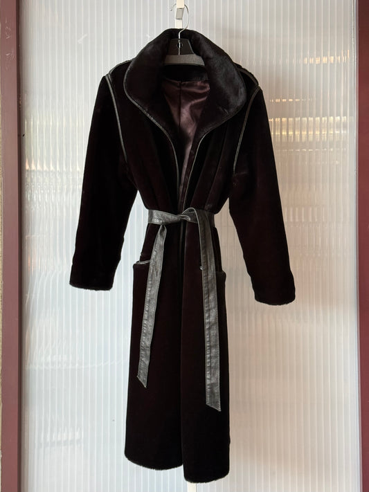 1970s Black Deep Pile Fuzzy Leather Trim Coat