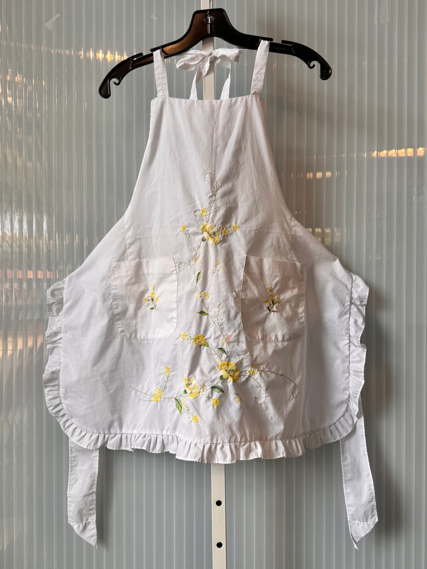 Vintage Yellow-Floral Embroidered White Apron