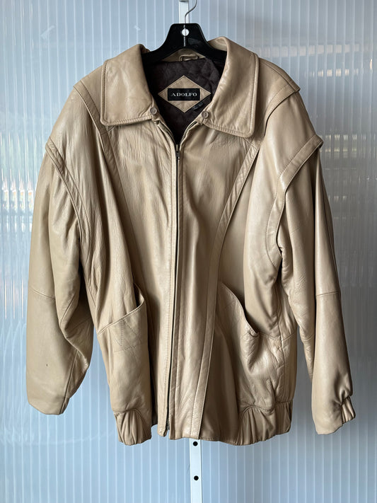 1980s Cream Leather Paneled Bomber Jacket