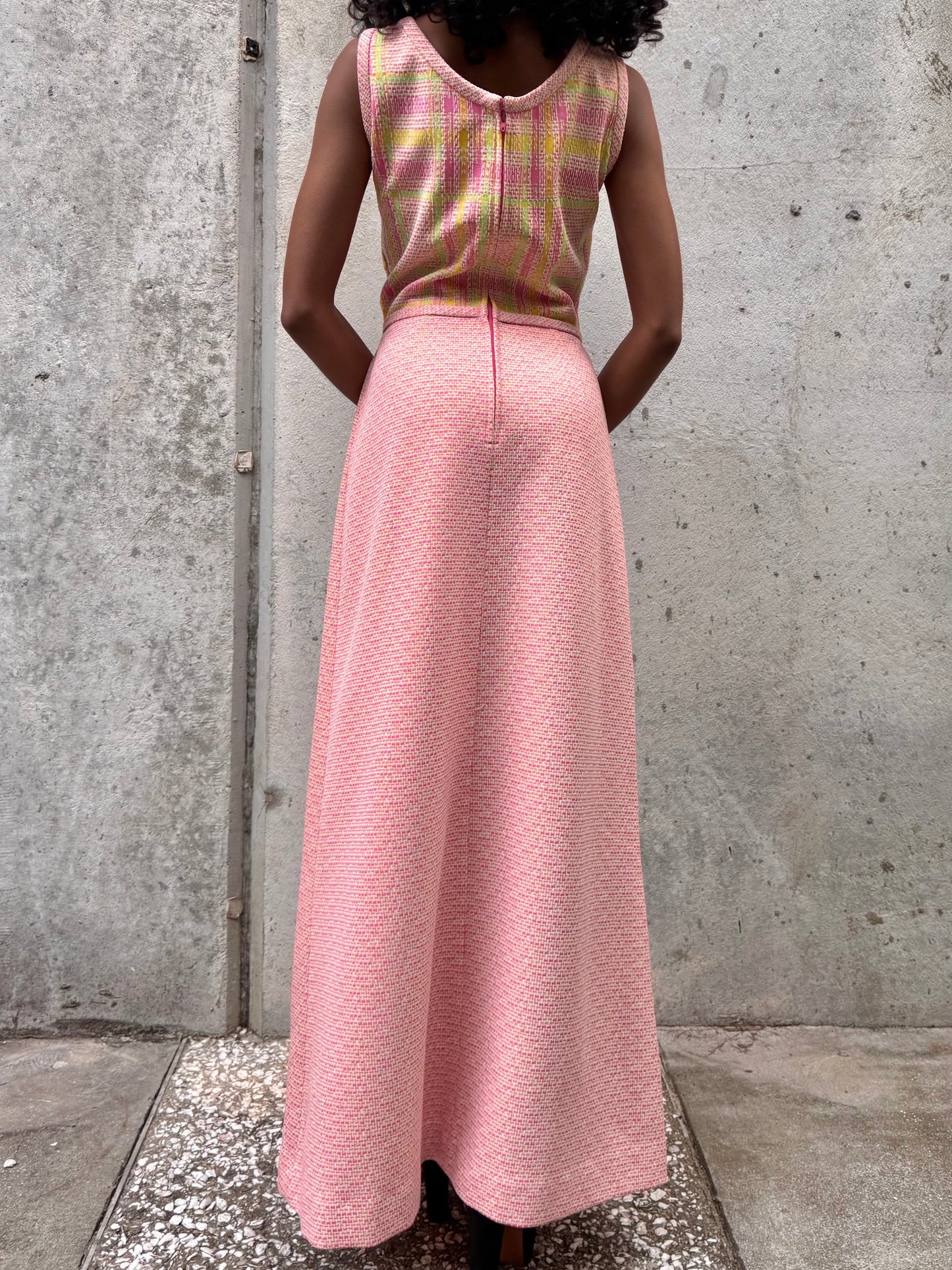 1970s Pink & Green Geometric Pattern Dress