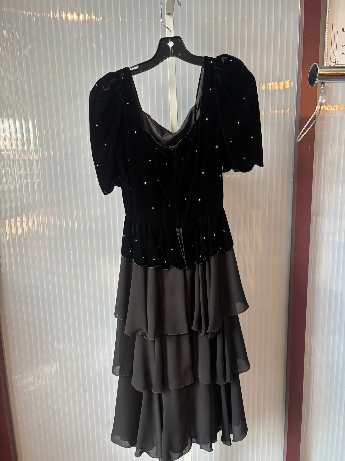1970s Lillie Rubin Black Velvet & Chiffon Dress w/ Bling