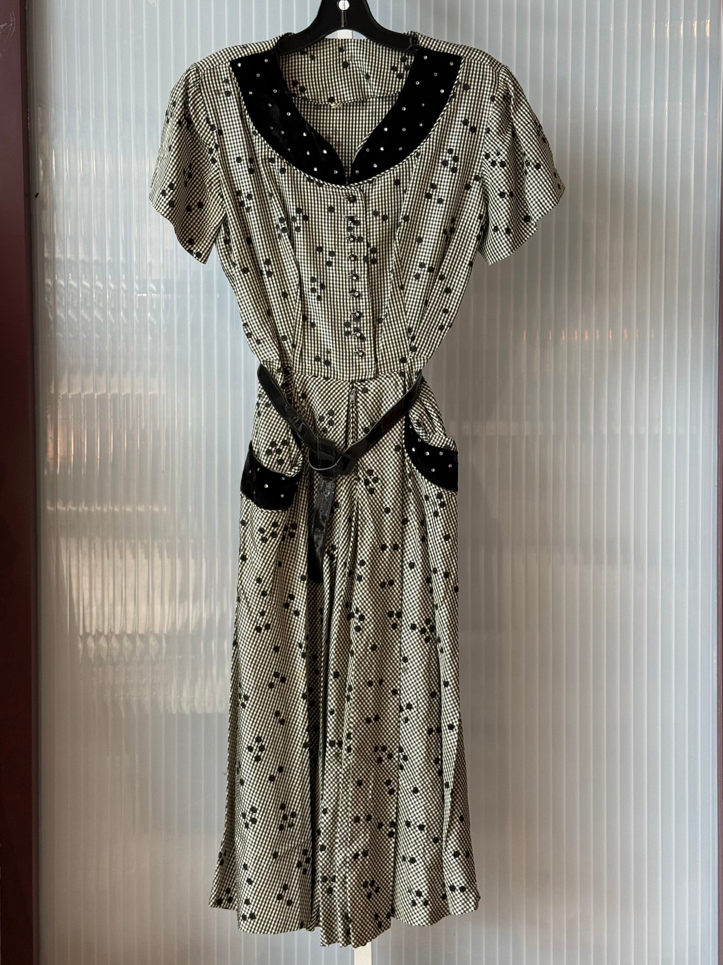 1950s Black Polka Dot Gingham Dress w/ Velvet & Rhinestone Accents