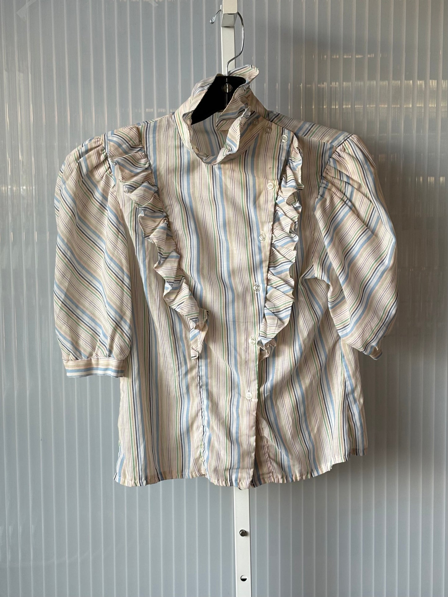 1970s Cream & Blue Striped Frilly Blouse