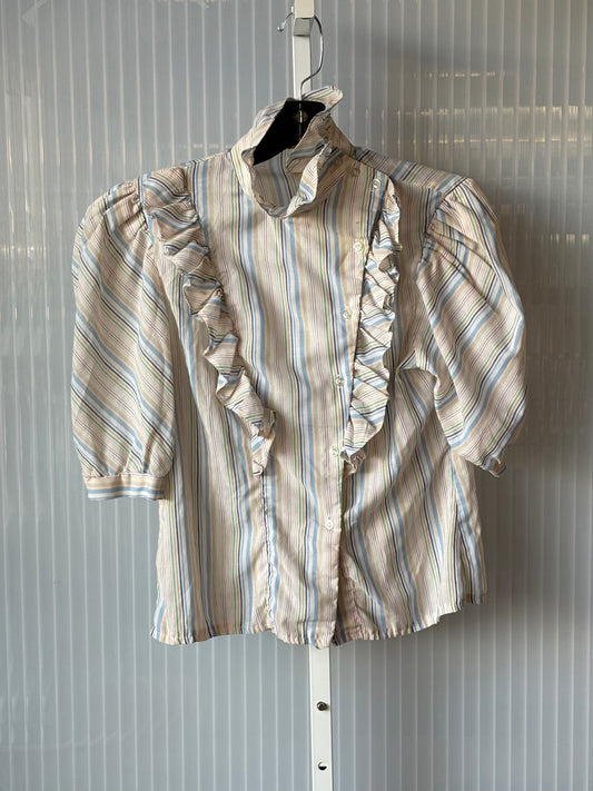 1970s Cream & Blue Striped Frilly Blouse