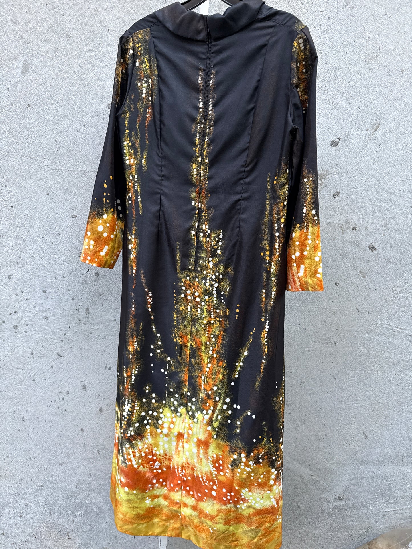 1970s? Black Maxi Dress w/ Painterly Pattern