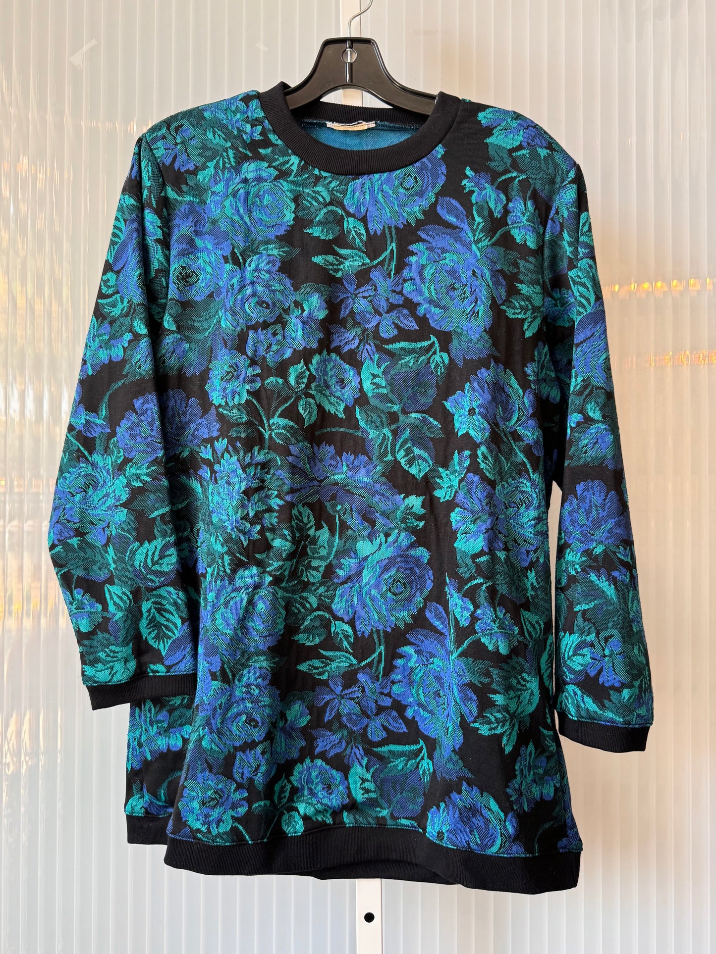 1980s Black & Teal Floral Sweater Top