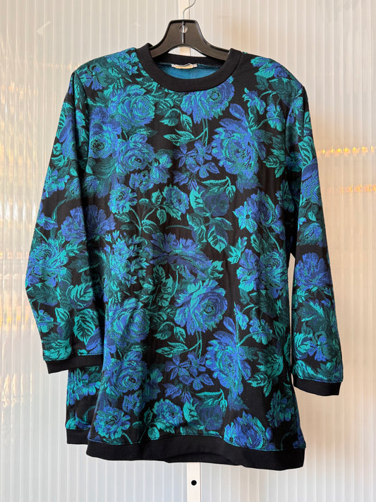 1980s Black & Teal Floral Sweater Top