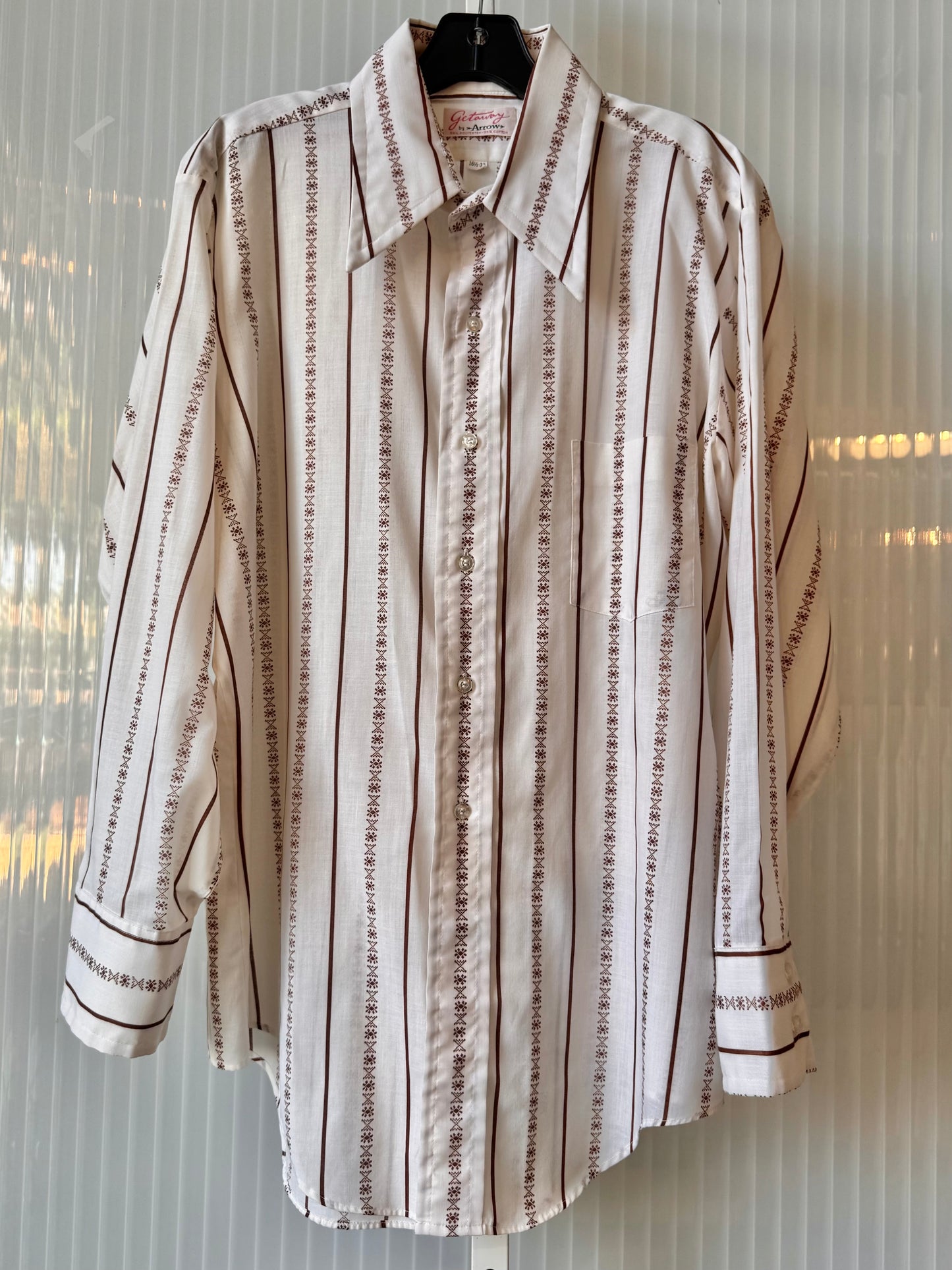 1970s White & Brown Striped Point-collar Shirt