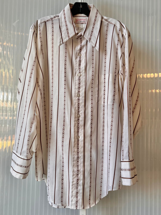 1970s White & Brown Striped Point-collar Shirt
