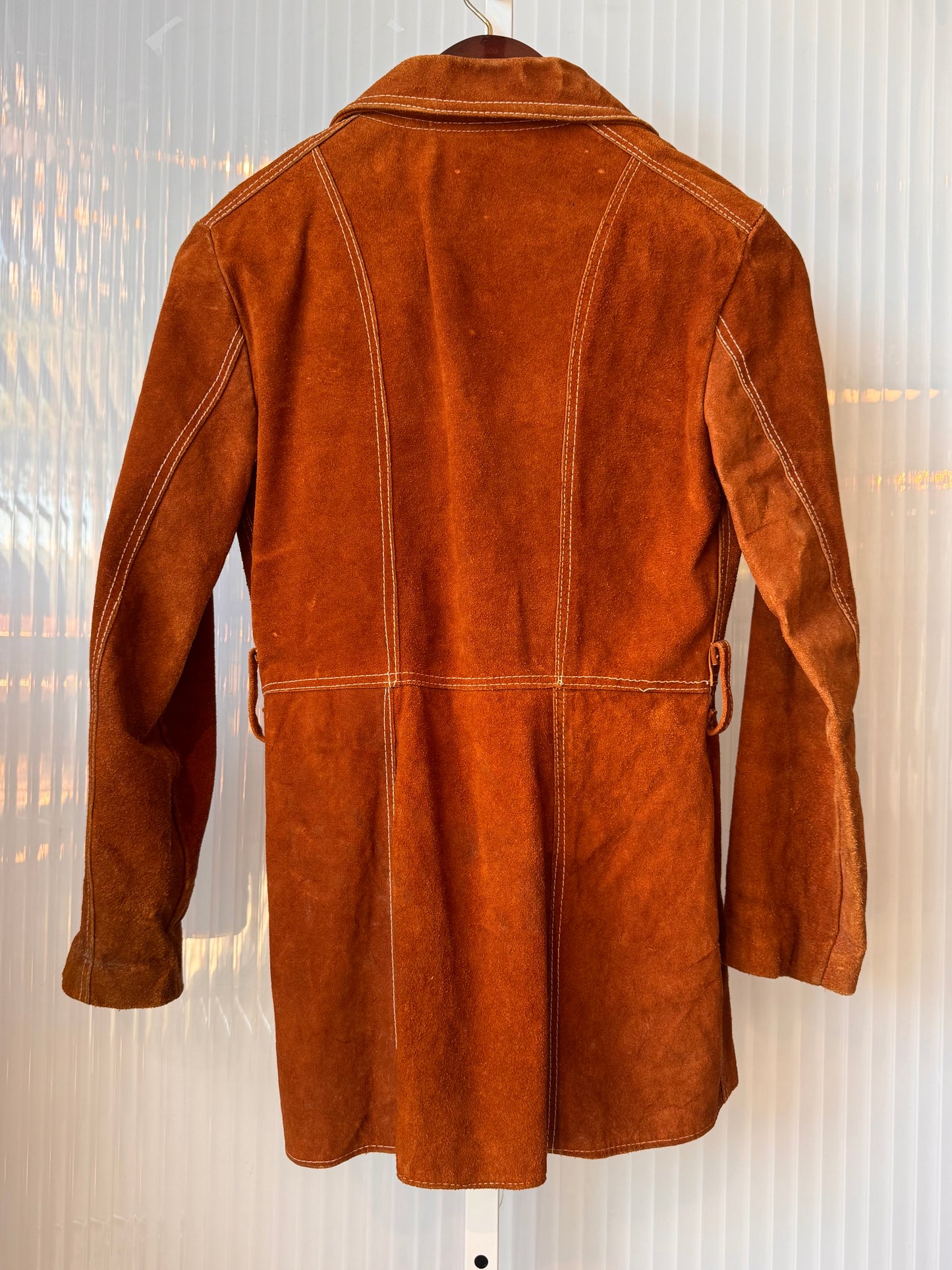 1970s Brown Suede Snap Button Jacket with White Overstitch