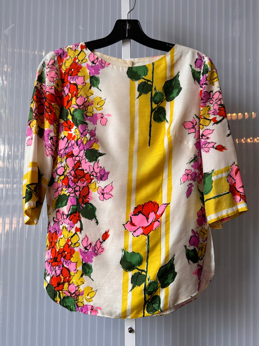 1960s White Pink & Yellow Floral Print Blouse
