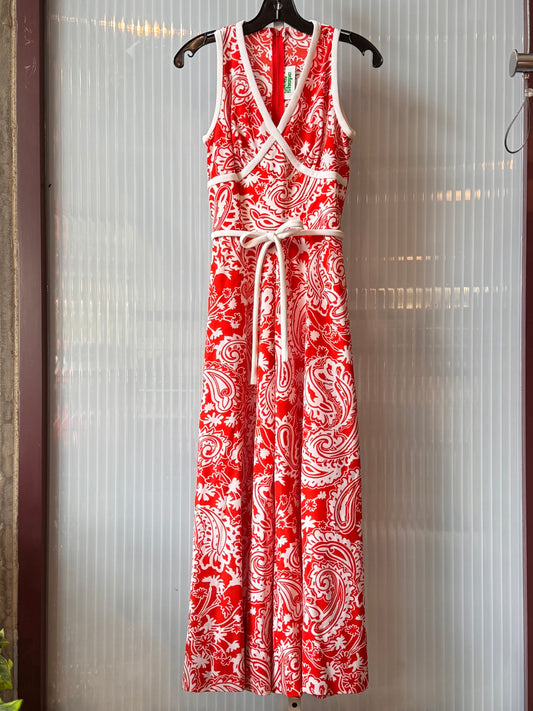 1970s Red & White Paisley Pattern Jumpsuit