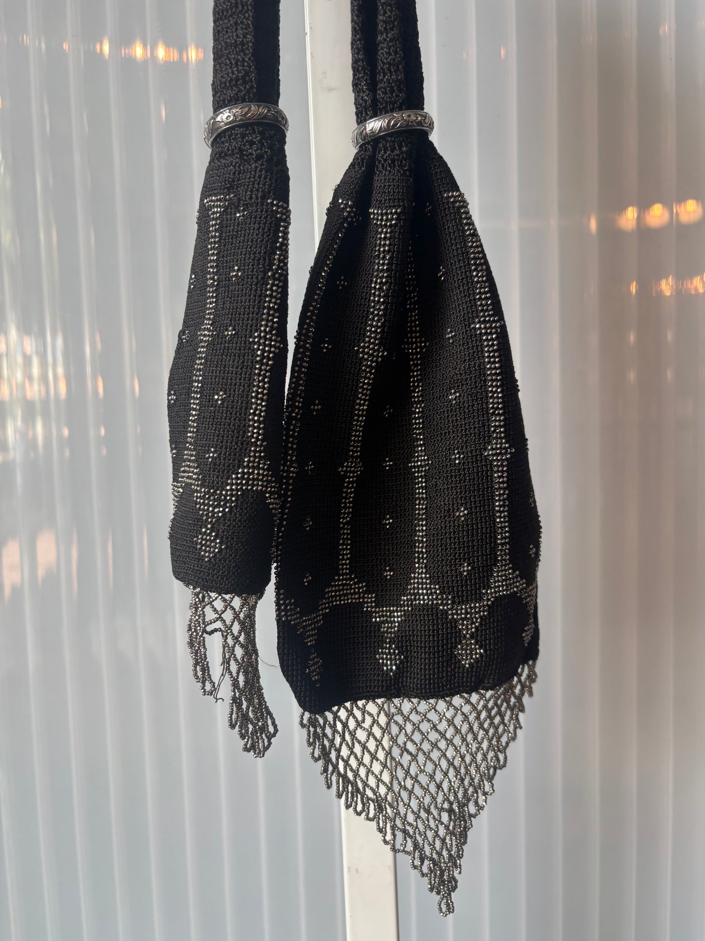 Victorian Black Knitted Silver Bead Miser Purse