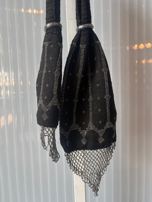 Victorian Black Knitted Silver Bead Miser Purse