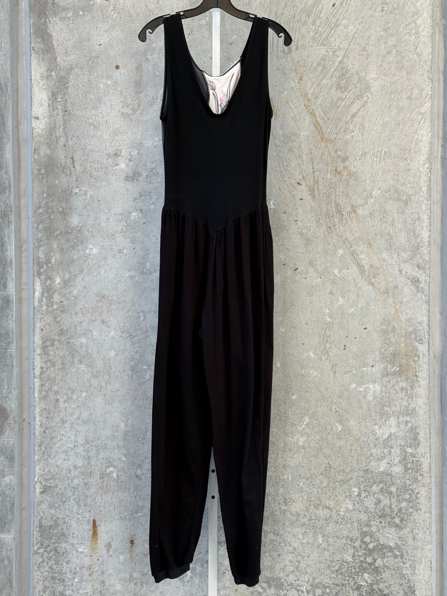 1980s Black Jumpsuit with Pink Floral Design Panels