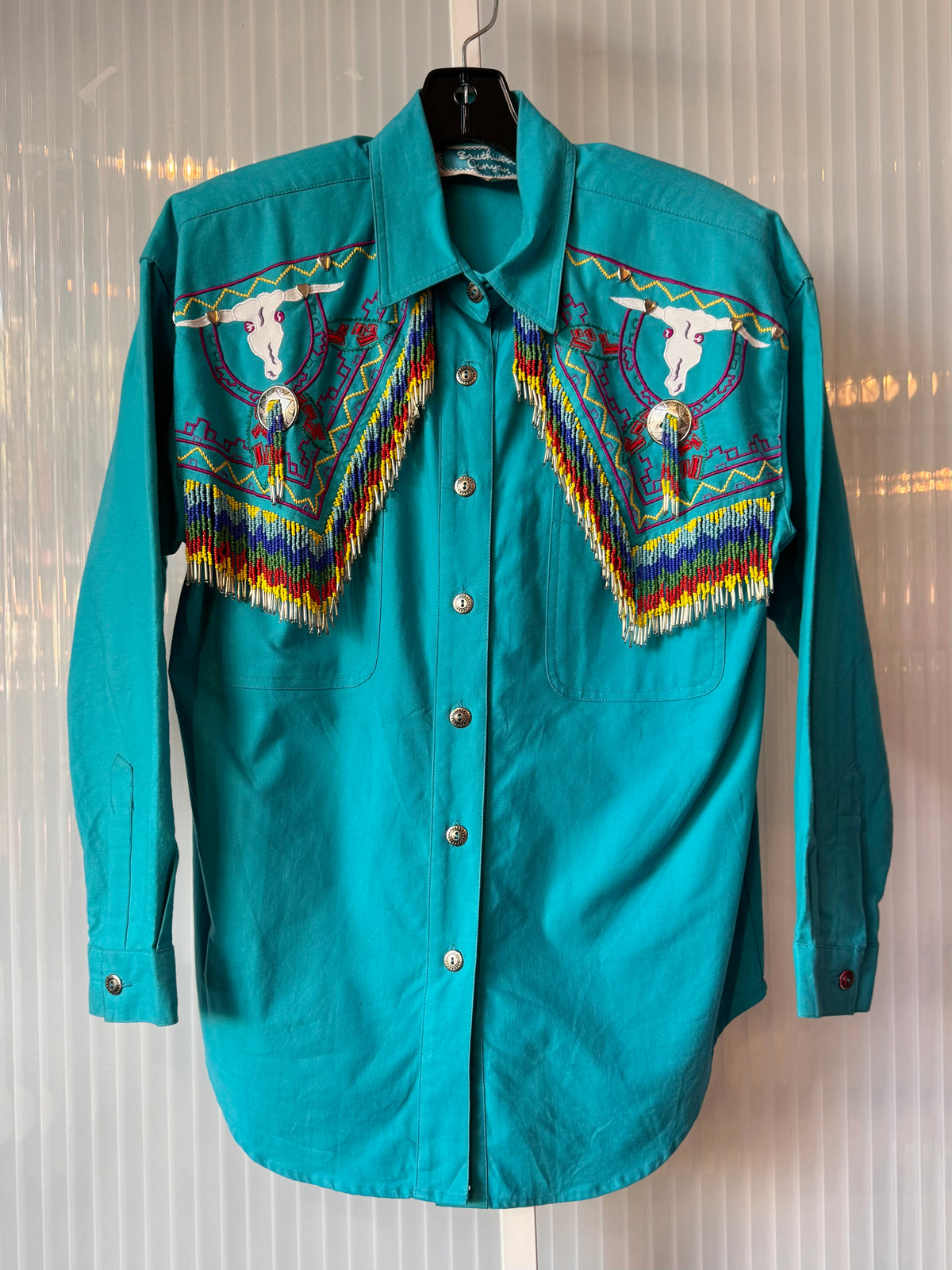 1990s Beaded Fringe Blue Western Button-Up Shirt