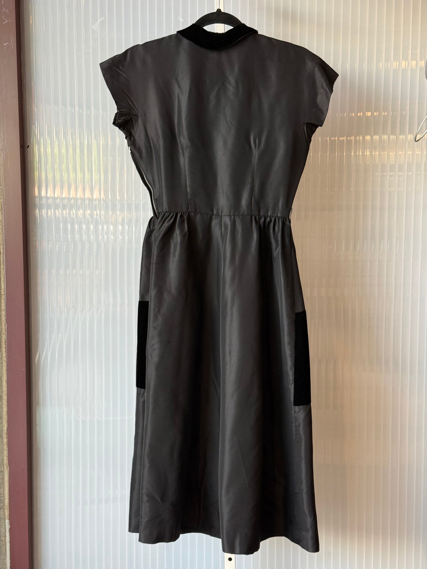 1950s Black Taffeta Dress w/ Velvet Squares