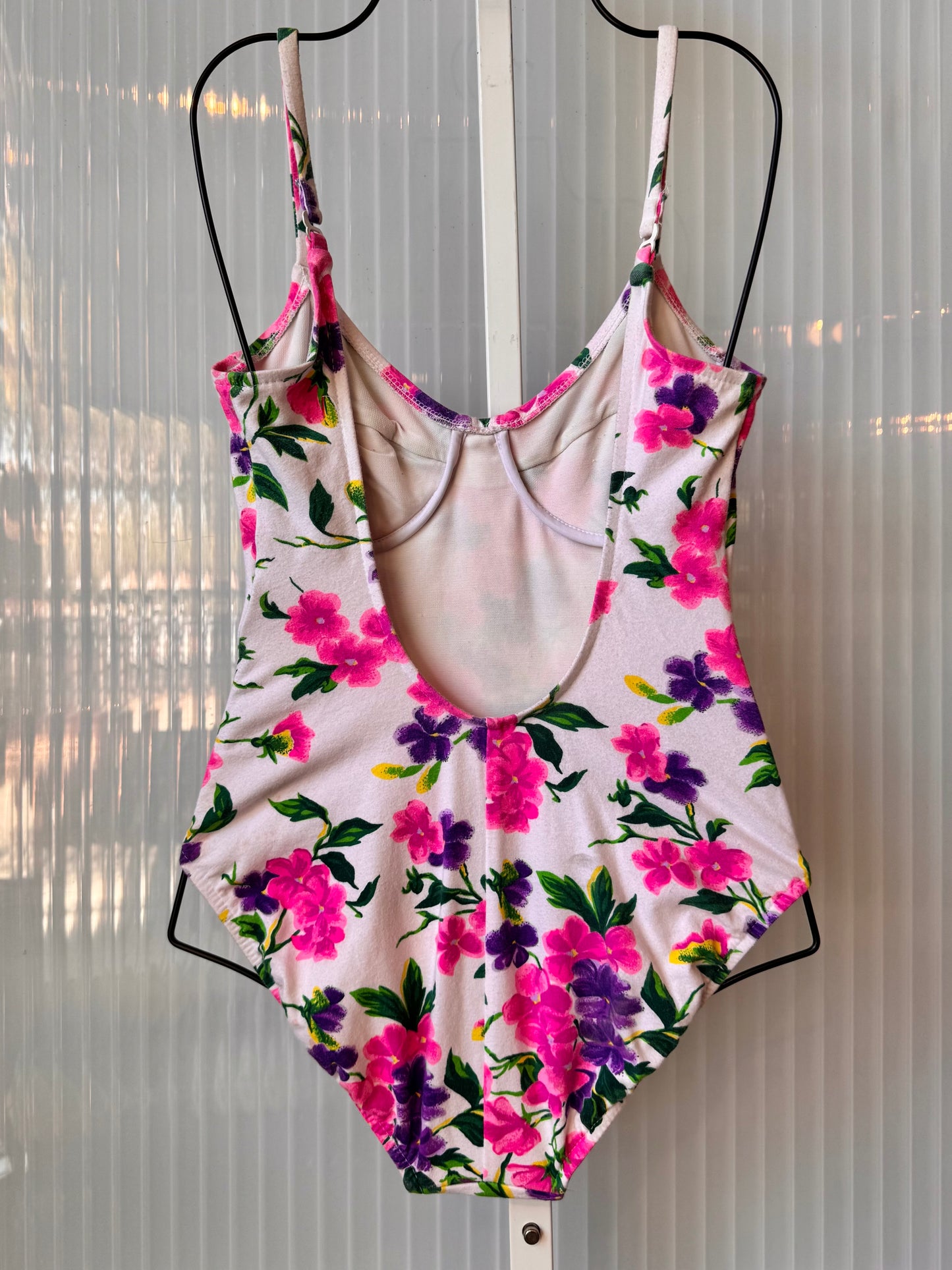 1990s Pink Floral Print White One Piece Swimsuit