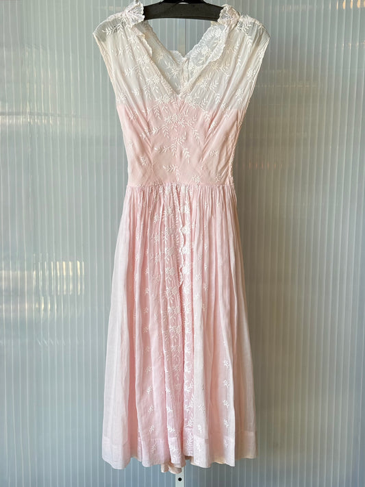 1960s Baby Pink Dress with Sheer Floral Embroidery Layer