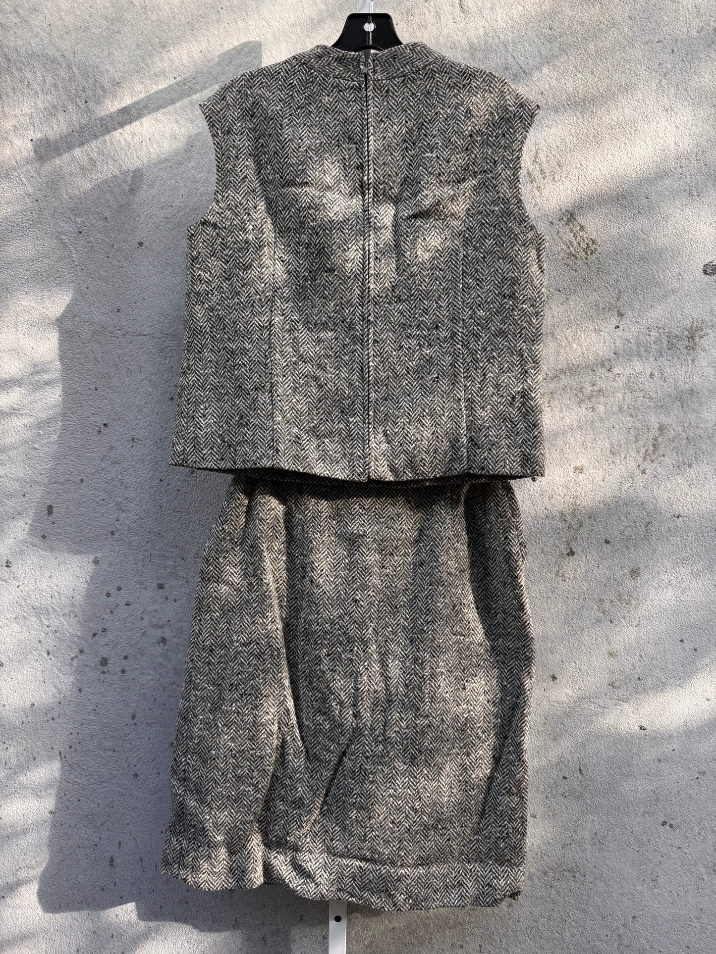 1960s Gray Herringbone Tweed Top & Skirt Set