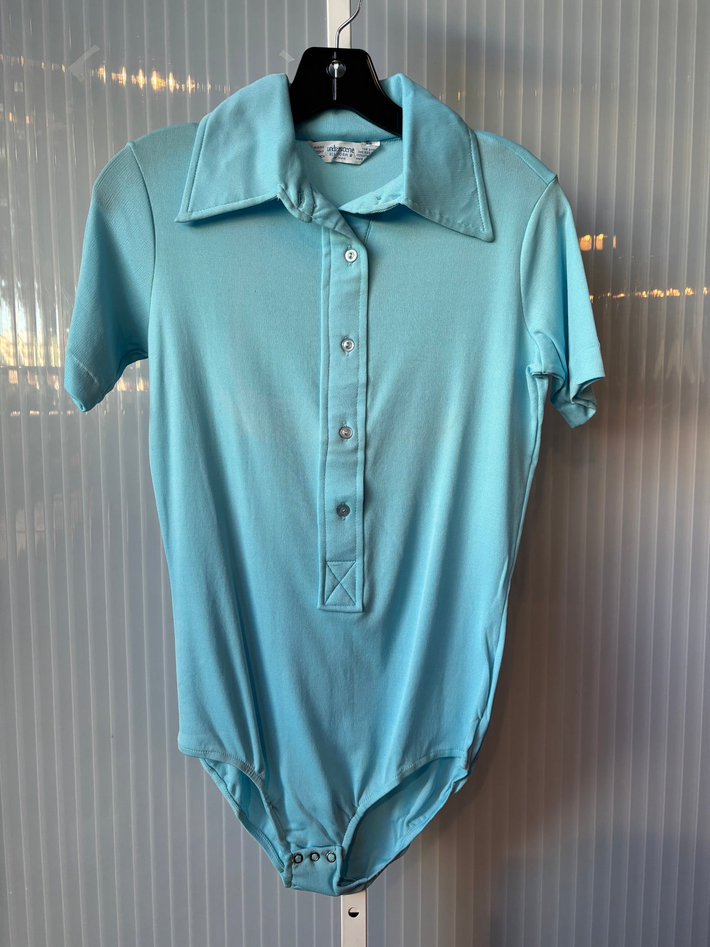 1970s Light Blue Short Sleeve Collared Bodysuit