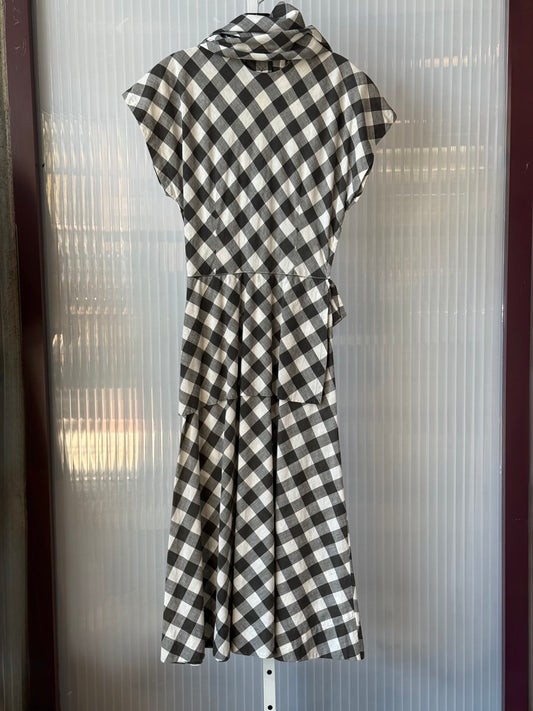 1970s Black & White Gingham Dress w/ Sash & Waist Panels