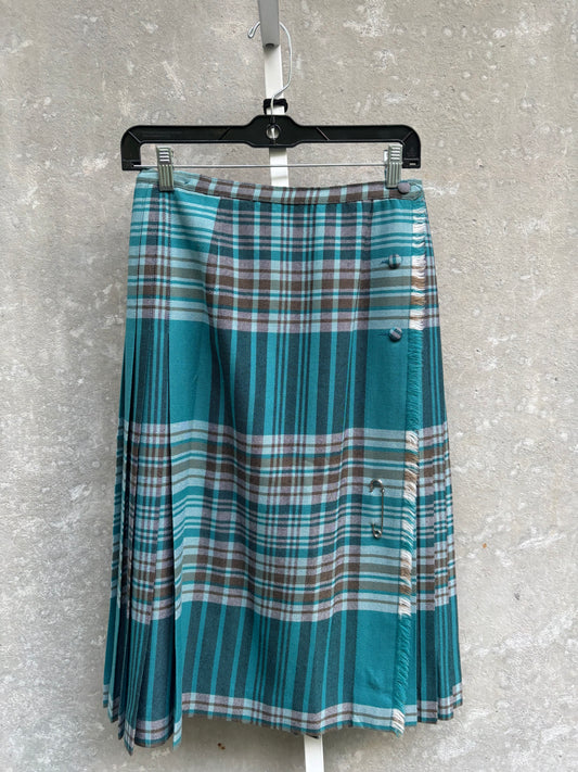 1970s Canadian Teal Tartan Kilted Skirt
