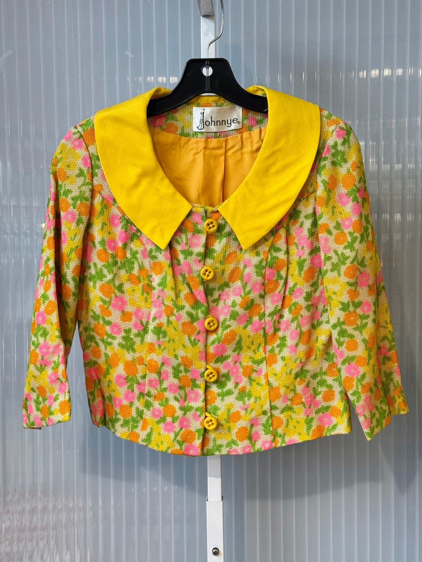 1960s Yellow Dress & Jacket Set w/ Multicolor Floral Pattern