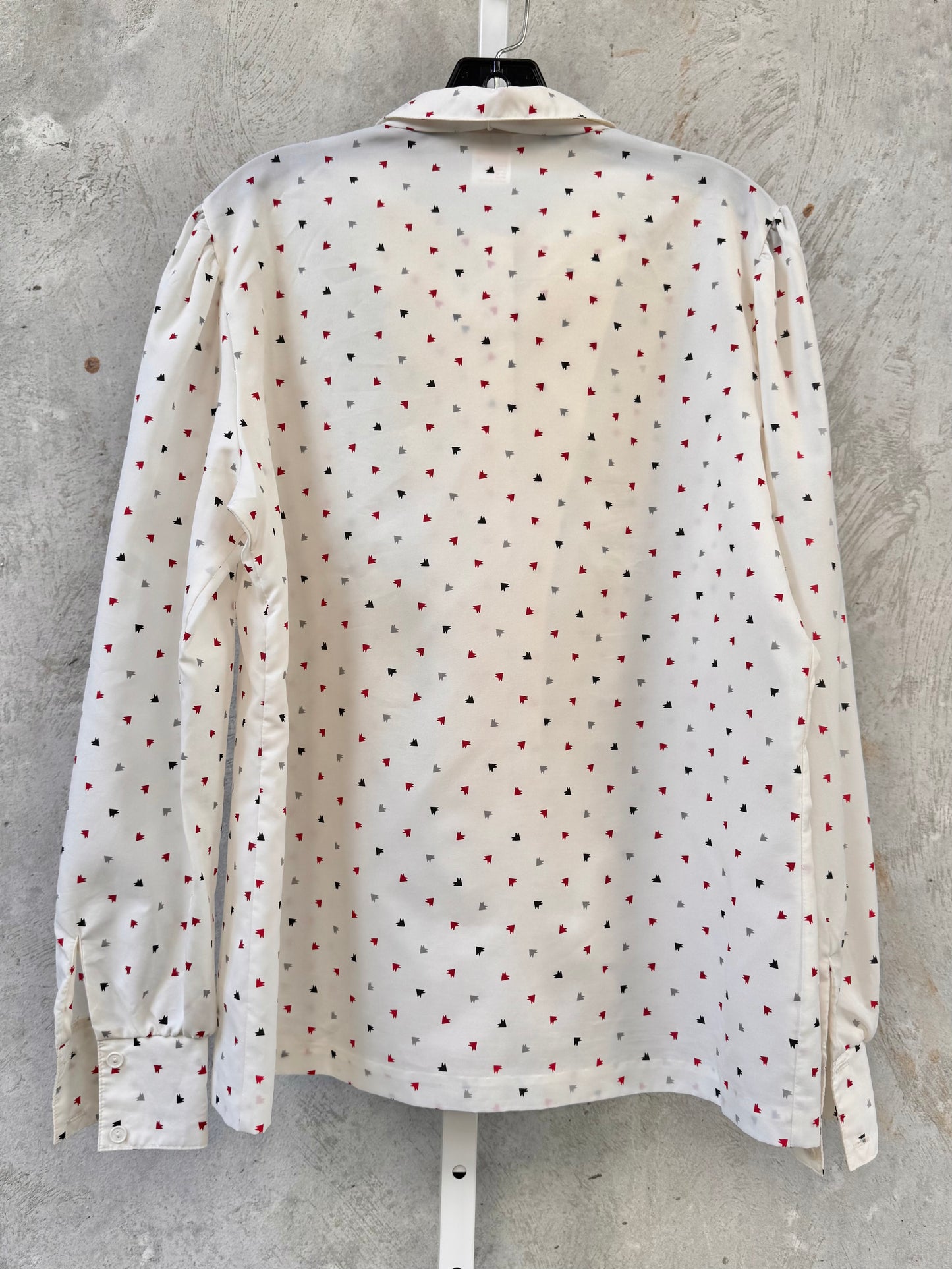 1970s Jantzen White Blouse with Geometric Pattern & Neck Bow