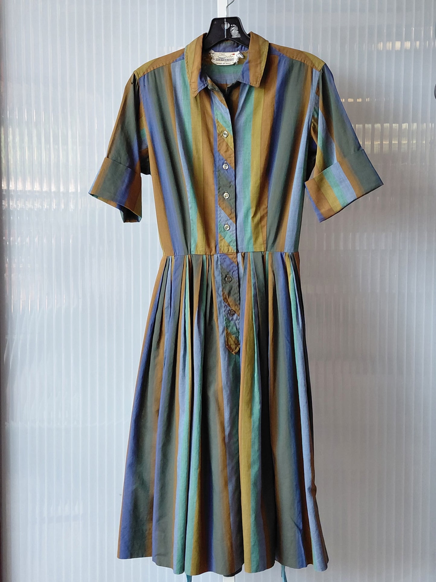 1960s Green, Brown, & Blue Striped Shirtwaist Dress