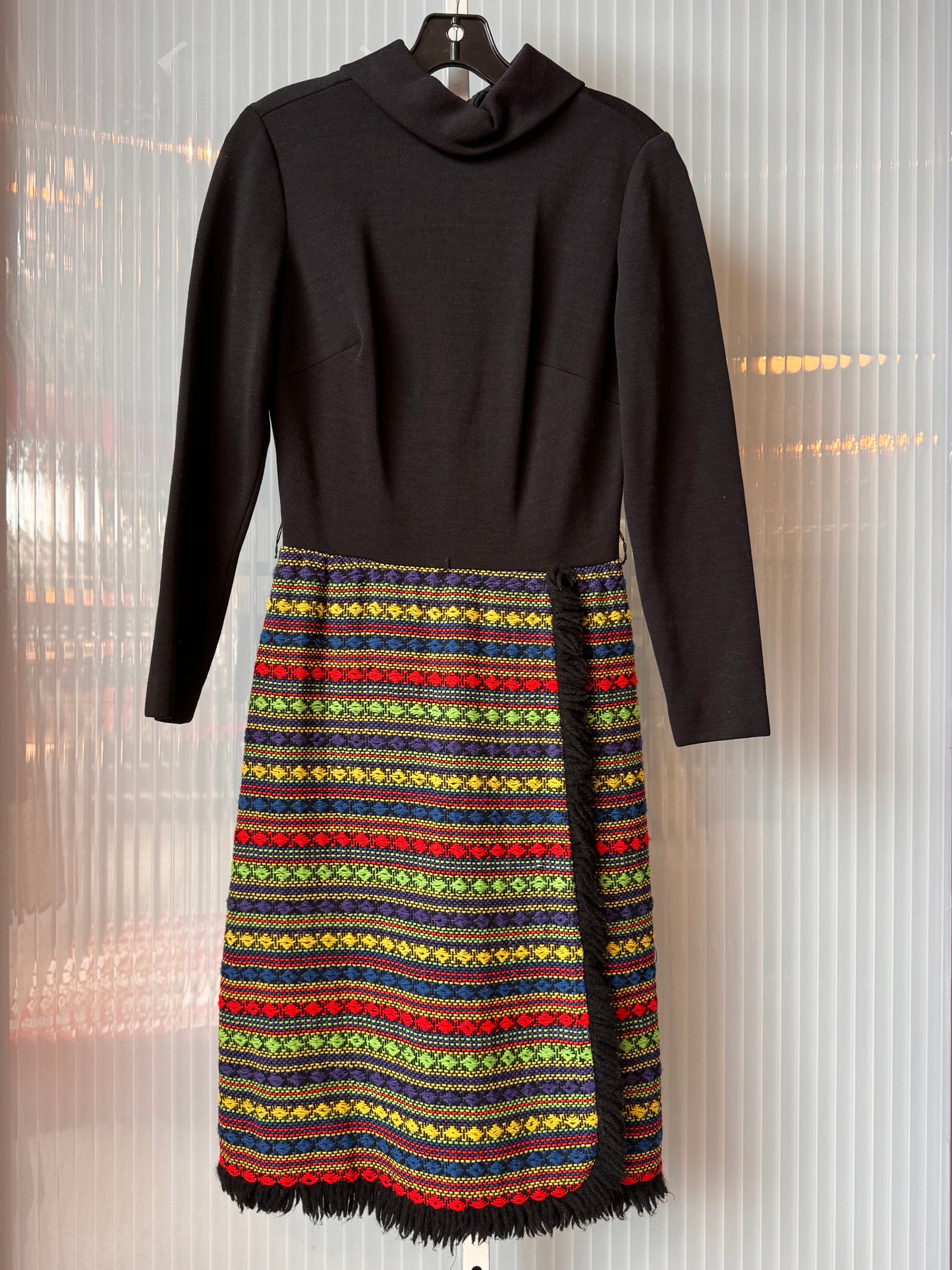 1970s Black Dress w/ Multicolor Woven Panel