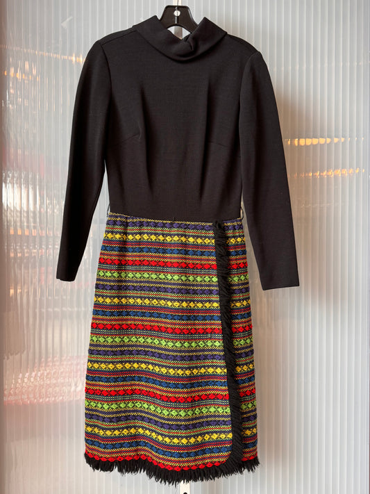 1970s Black Dress w/ Multicolor Woven Panel