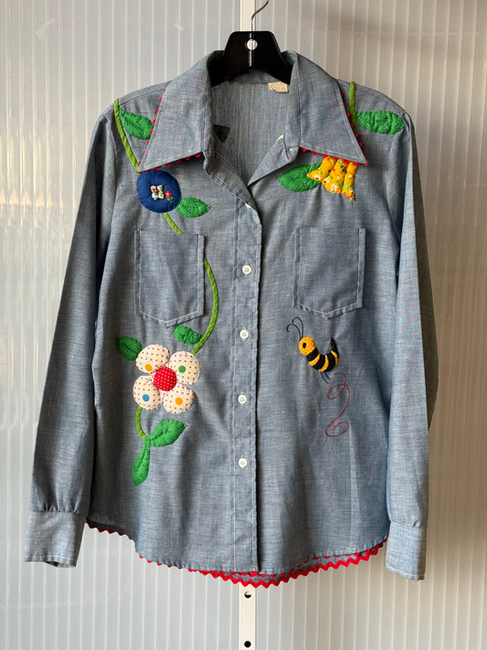 1970s Chambray Button-Up Blouse w/ Quilted Floral Design