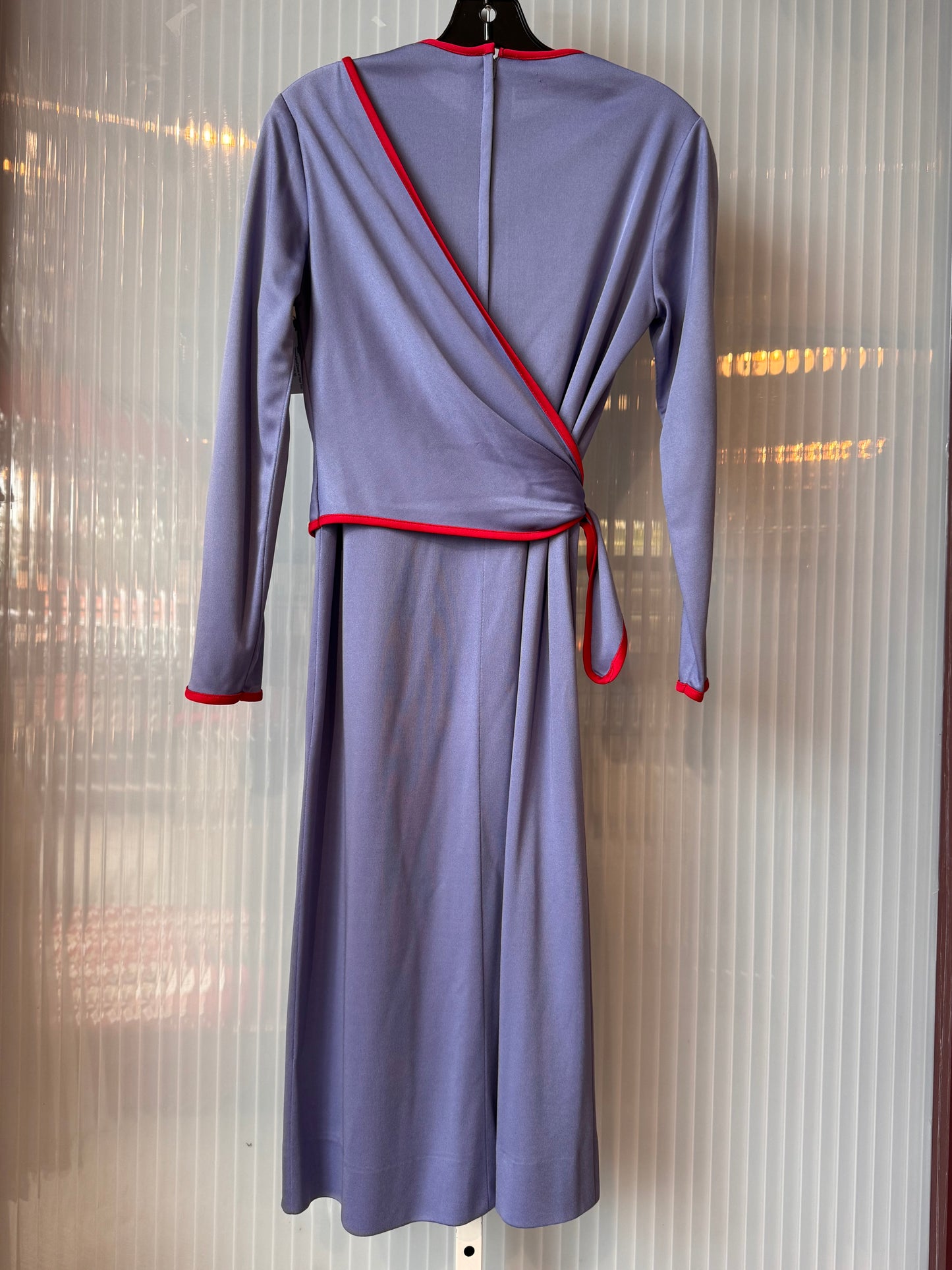 1980s Victor Costa Blue Wrap-Panel Dress w/ Red Trim